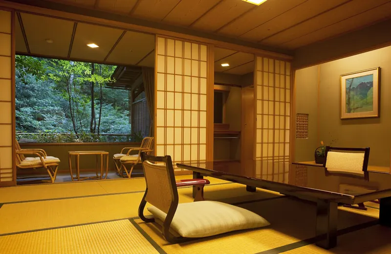 A Japanese-style room with its own open-air bath (Nishimuraya, Kinosaki Onsen)